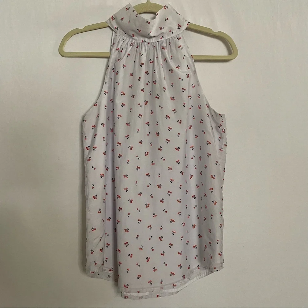J. Crew Silk Blend Cherry Print Sleeveless HighTie Neck Halter Blouse Top